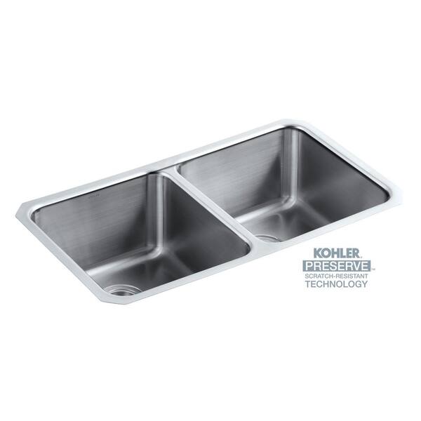 KOHLER Undertone Preserve Undermount Stainless Steel 32 in. Double Bowl Scratch-Resistant Kitchen Sink Kit with Basin Rack