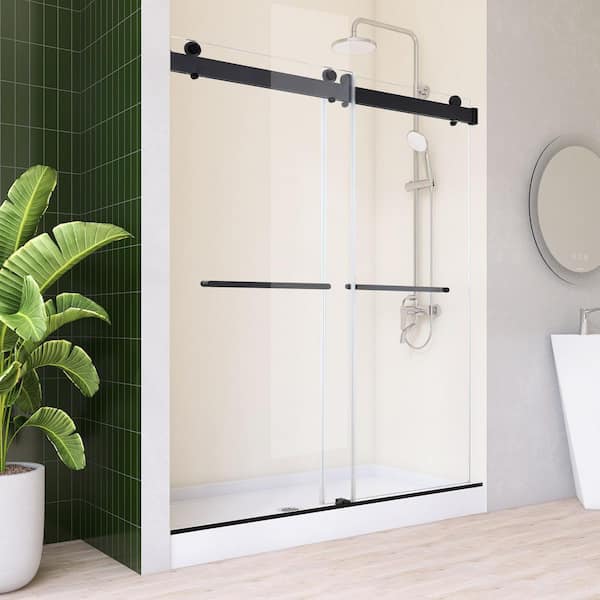 48 in. W x 76 in. H Double Sliding Frameless Shower Door in Matte Black Finish with 0.31 in. Clear Glass and Soft Close