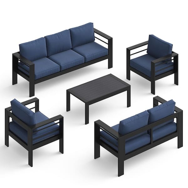 5-Piece Aluminum Conversation Set with Blue Cushions