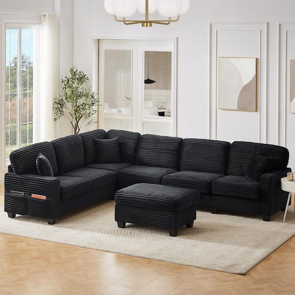 125.2 in. Square Arm Corduroy Upholstered L-shaped Sectional Sofa Sofa in. Black with a Movable Ottoman