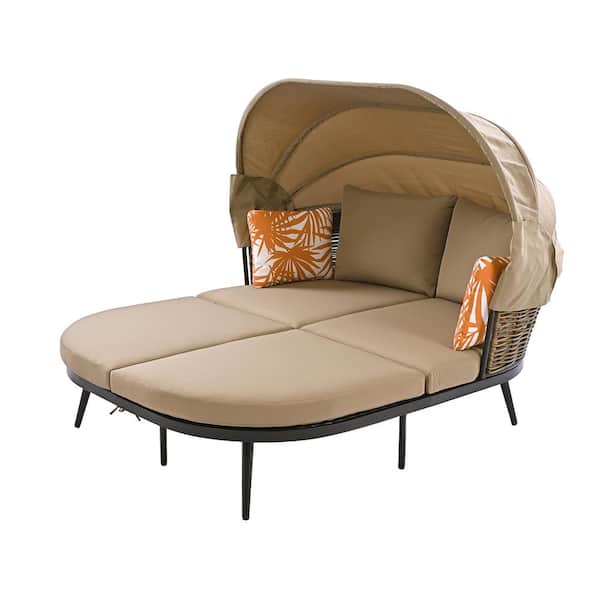 Sudzendf Black PE Wicker Patio Outdoor Day Bed with Brown Cushions, Throw Pillows and Retractable Canopy