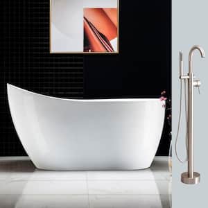 Aubrey 54 in. Acrylic FlatBottom Single Slipper Bathtub in White with Tub Filler and Polished Chrome Overflow and Drain