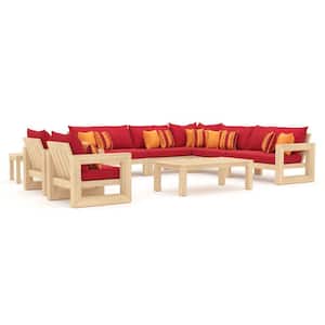 Benson 9-Piece Wood Patio Sectional Seating Set with Sunbrella Sunset Red Cushions