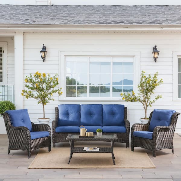 Carlos 4-Piece All-Weather Brown Wicker Patio Conversation Set with Armchairs, CushionGuard Blue Cushions