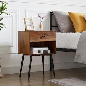 Nightstand Industrial End Table Accent Furniture with 1Open Storage & 1Drawer for Small Space，Brown，23.6"Tx11.8"Wx15.7"L