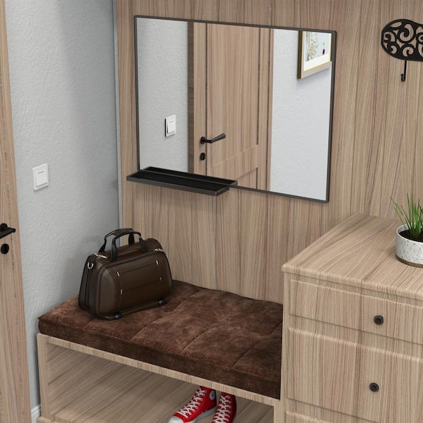 Unbranded 40 in. W x 30 in. H Rectangle Aluminum Framed Black Mirror with Storage Shelf