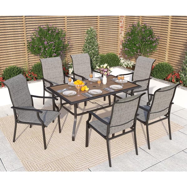 PHI VILLA Black 7-Piece Metal Outdoor Patio Dining Set with Wood-Look Umbrella Table and Padded Textilene Chairs