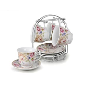 13 Pc Tea Coffee_Set Tea Pot _ 6 Cups & Saucers w/ Rack_ Silver _Multi 3 oz Cups 