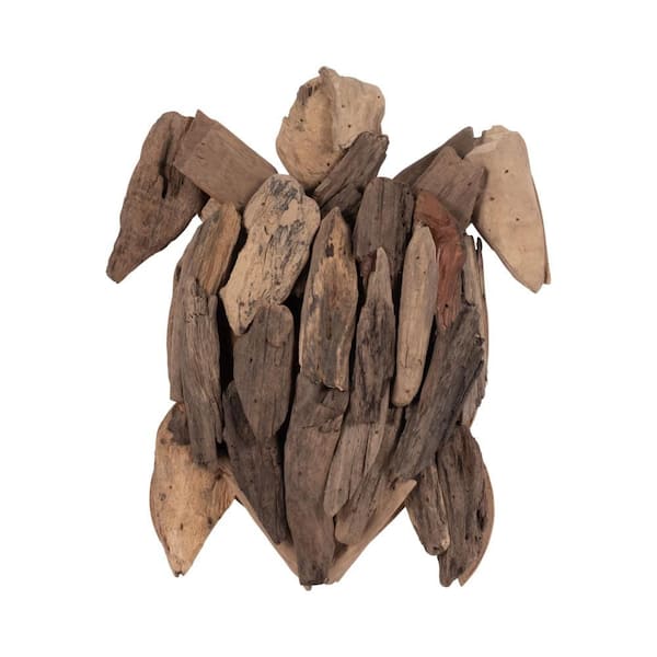Liv & Skye Brown 12 in. x 2 in. Coastal Wall Figurine Wood Driftwood Turtle Design
