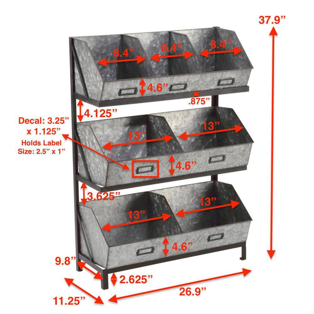 Industrial Gray Metal 3-Tier Bin Organizer Display