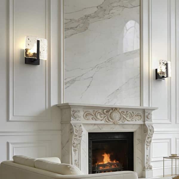 6 in. 1-Light Black Wall Sconce with Hammered Water Glass, Modern Bedroom Wall Light Vanity Light, 2 Pack