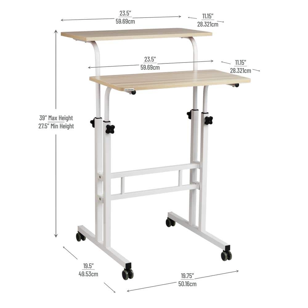 White Adjustable Height Mobile Standing Desk with Keyboard Tray