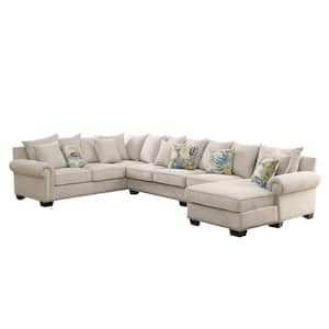 Grathan 153 in. Rolled Arms Polyester U-Shaped Sectional Sofa in Beige with Nailhead Trim