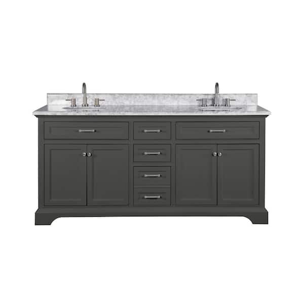 Windlowe 73 in. Double Sink Gray Bath Vanity with White Carrara White Marble Top (Assembled)