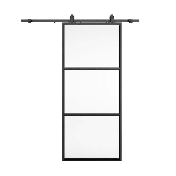 CALHOME 36 in. x 84 in. Full Lite Clear Glass Black Steel Frame Interior Sliding Barn Door with Hardware Kit and Door Handle