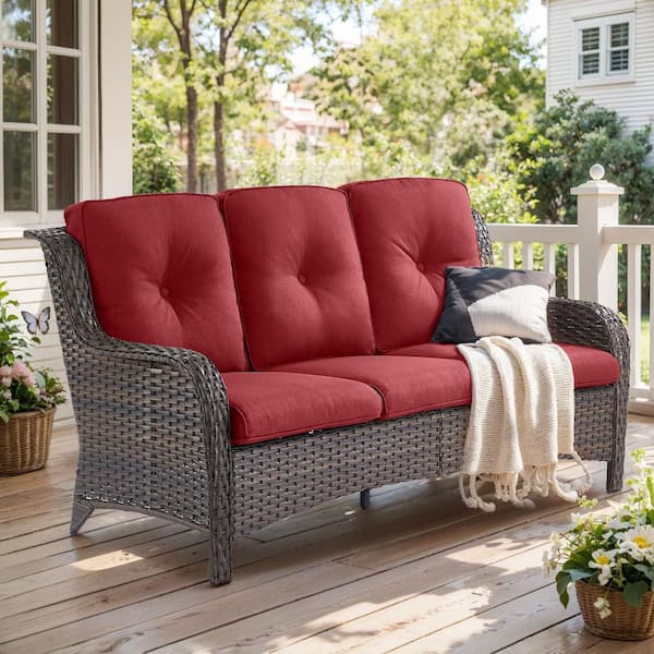 3-Seat Brown PE Wicker Outdoor Couch with Red Cushions and Curved Arm Design