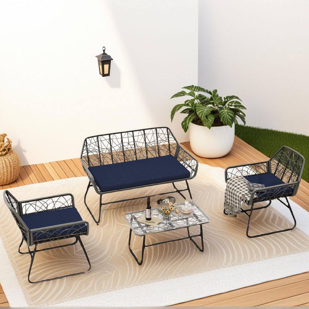 Modern 4-Piece Wicker & Steel Patio Conversation Set with Tempered Glass Table and Blue Cushions price history on PriceWatchPro