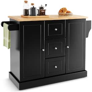 Black Wooden Island on Wheels Rolling Utility Kitchen Cart Drawers Cabinets Spice Rack