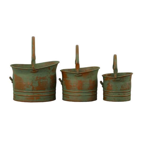 maocao hoom Tinged Metal Bucket Planter With Handles, Patina Rust Finish, Green, Set of 3