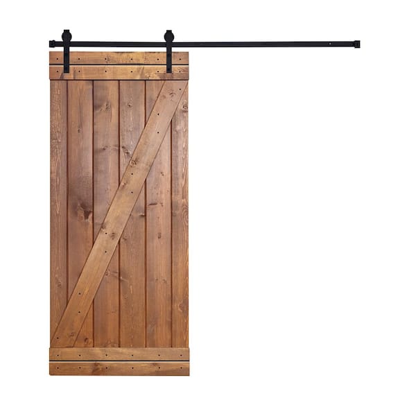 AIOPOP HOME Z-Bar 42 in. x 84 in. Mahogany Red Stained Knotty Pine Wood DIY Sliding Barn Door with Hardware Kit