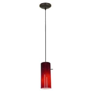 Cylinder 1-Light Oil-Rubbed Bronze Metal Pendant with Red Glass Shade