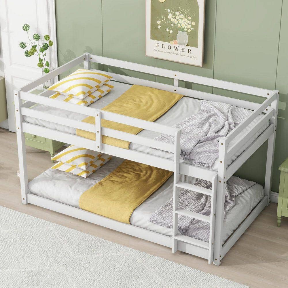 Qualler White Twin over Twin Size Bunk Bed with Ladder and Strengthened ...