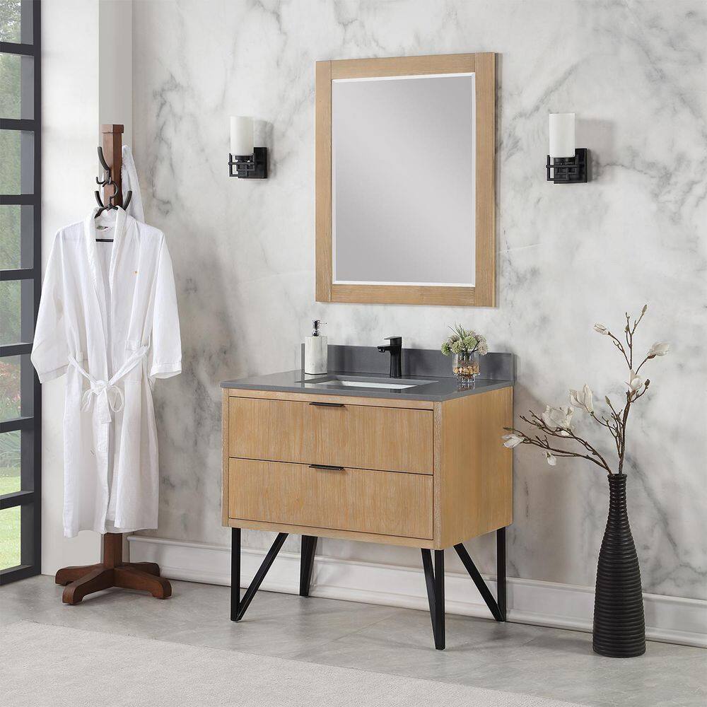 Helios Weathered Pine 36" Single Vanity with Concrete Grey Top and Mirror