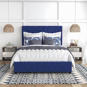 Kimjoy Blue Flannelette Wood Frame Queen Platform Bed with 4-Drawers