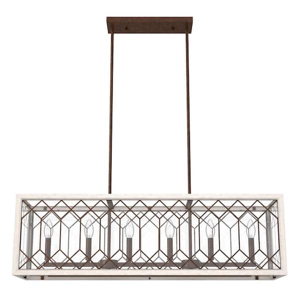 Chevron 6-Light Textured Rust Island Chandelier with Clear Seeded Glass Shade