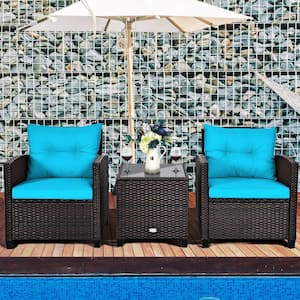 3-Piece Wicker Rattan Patio Conversation Set with Turquoise Washable Cushion