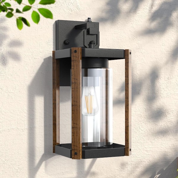 Hawaii 13 in. Sand Black and Wood E26 Farmhouse Cylinder Dusk to Dawn Outdoor Hardwired Cylinder Glass Sconce