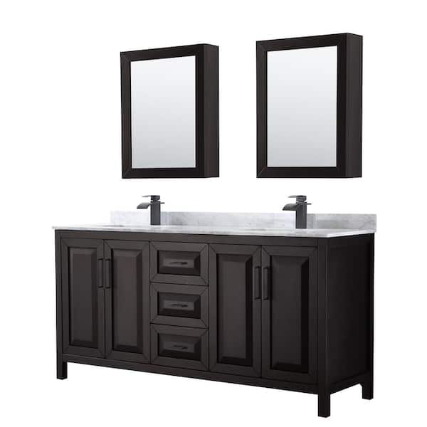 Wyndham Collection Daria 72 in. W x 22 in. D x 35.75 in. H Double Bath Vanity in Dark Espresso with White Carrara Marble Top and Mirrors