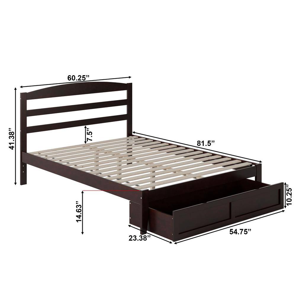 Espresso Solid Wood Queen Platform Bed with Foot Drawer