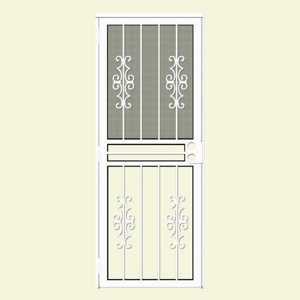 Unique Home Designs 30 in. x 80 in. Watchman Duo White Recessed Mount All Season Security Door with Insect Screen and Glass Inserts