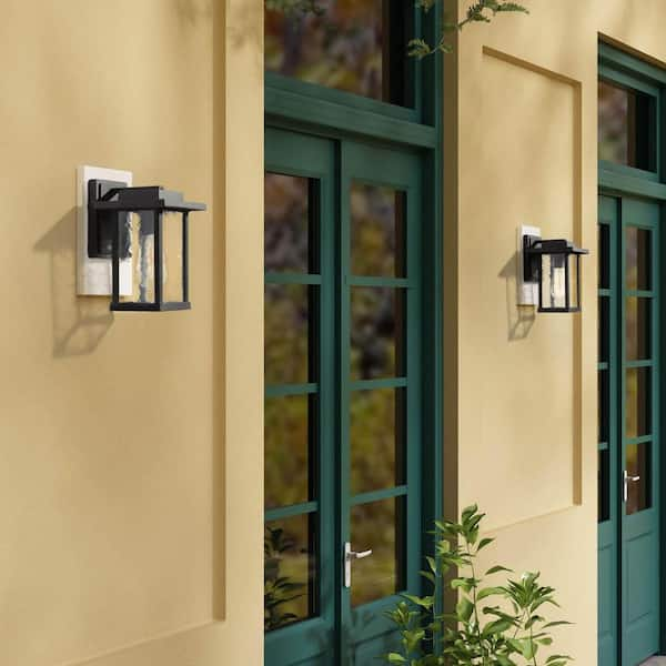 Matte Black Outdoor Wall Lantern Sconce with Textured Glass Shade Modern 1-Light Porch Patio Garden Wall Mounted Light