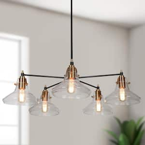 Plrhsbtic Modern 5-light Black and Brass Sputnik Chandelier with Seeded Barn Glass Shade, Pendant Light for Dining Room