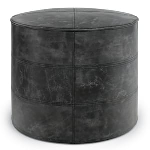 Connor Boho Round Pouf in Distressed Black Genuine Leather