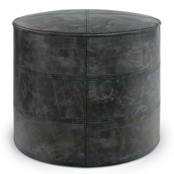 Simpli Home Connor Boho Round Pouf in Distressed Black Genuine Leather ...