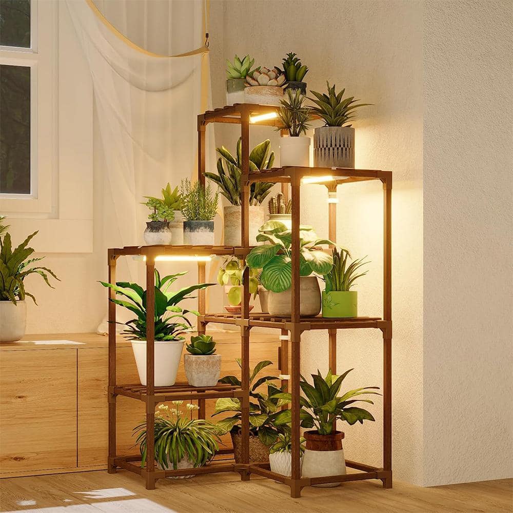 42.5“H Corner Plant Stand Indoor with Grow Light, 7 Pot Wood Table