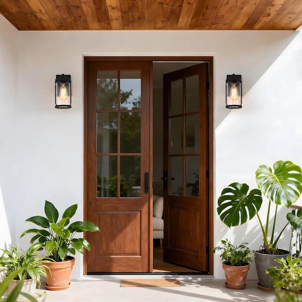 Modern Black Medium Outdoor Light Fixture, 1-Light Wall Lantern Sconce Light with Clear Glass (2-Pack) for Parking Area