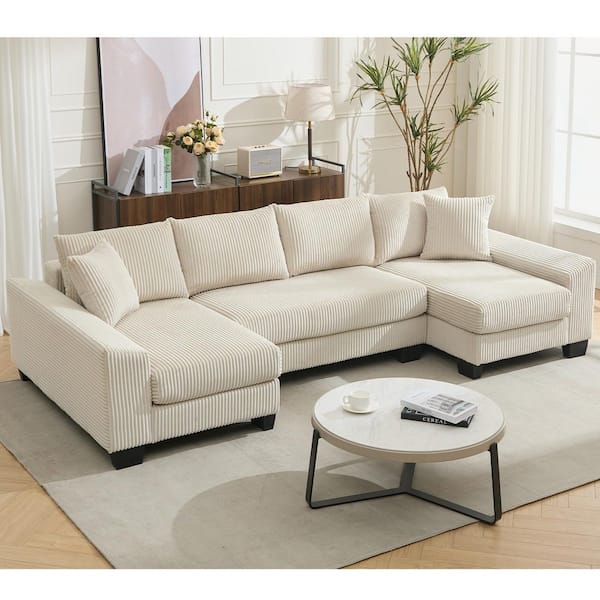 Jorrel Modern 114 in. Corduroy Upholstered U-Shaped Sectional Sofa in Beige, 2 in 1 Pull-out Sofa Bed with Pillows