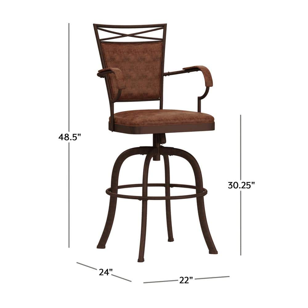 Aged Bronze Swivel Bar Stool with Weathered Brown Faux Leather
