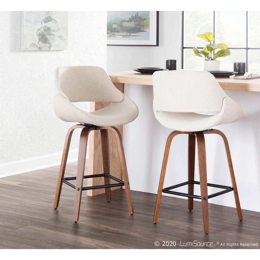 Walnut and Cream Fabric Mid-Century Modern Swivel Counter Stool, Set of 2