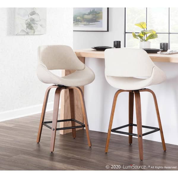 Fabrico 26 in. Walnut and Cream Fabric Counter Stool with Square Black Footrest (Set of 2)