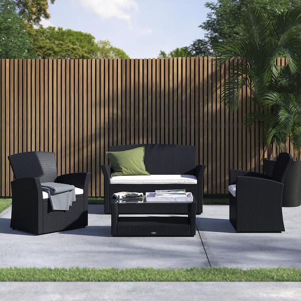 Barton 4-Pieces Outdoor Patio Furniture Rattan Wicker Sofas Conversation Set with Beige Cushion Chair and Coffee Table