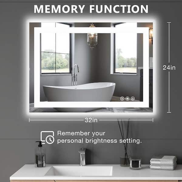 32 in. W x 24 in. H Rectangular Framed Wall Bathroom Vanity Mirror in White with LED Lights