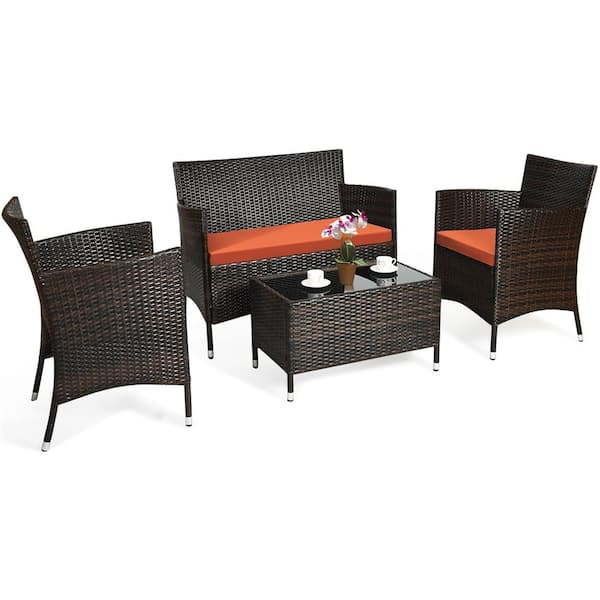 Costway 4-Piece Patio Rattan Conversation Set Outdoor Wicker Furniture Set with Tempered Glass in Orange Cushion