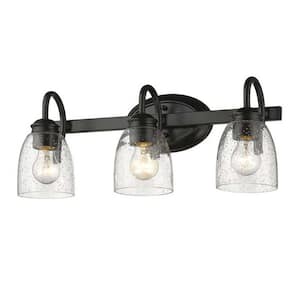 18.89 in. 3-Light Matte Black Modern Bathroom Vanity Light Mirror Wall Light with Black Accents and Seeded Glass Shade