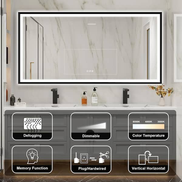 LUKY 72 in W x 36 in. H Rectangular Single Aluminum Framed Anti-Fog LED Light Wall Bathroom Vanity Mirror in Matte Black