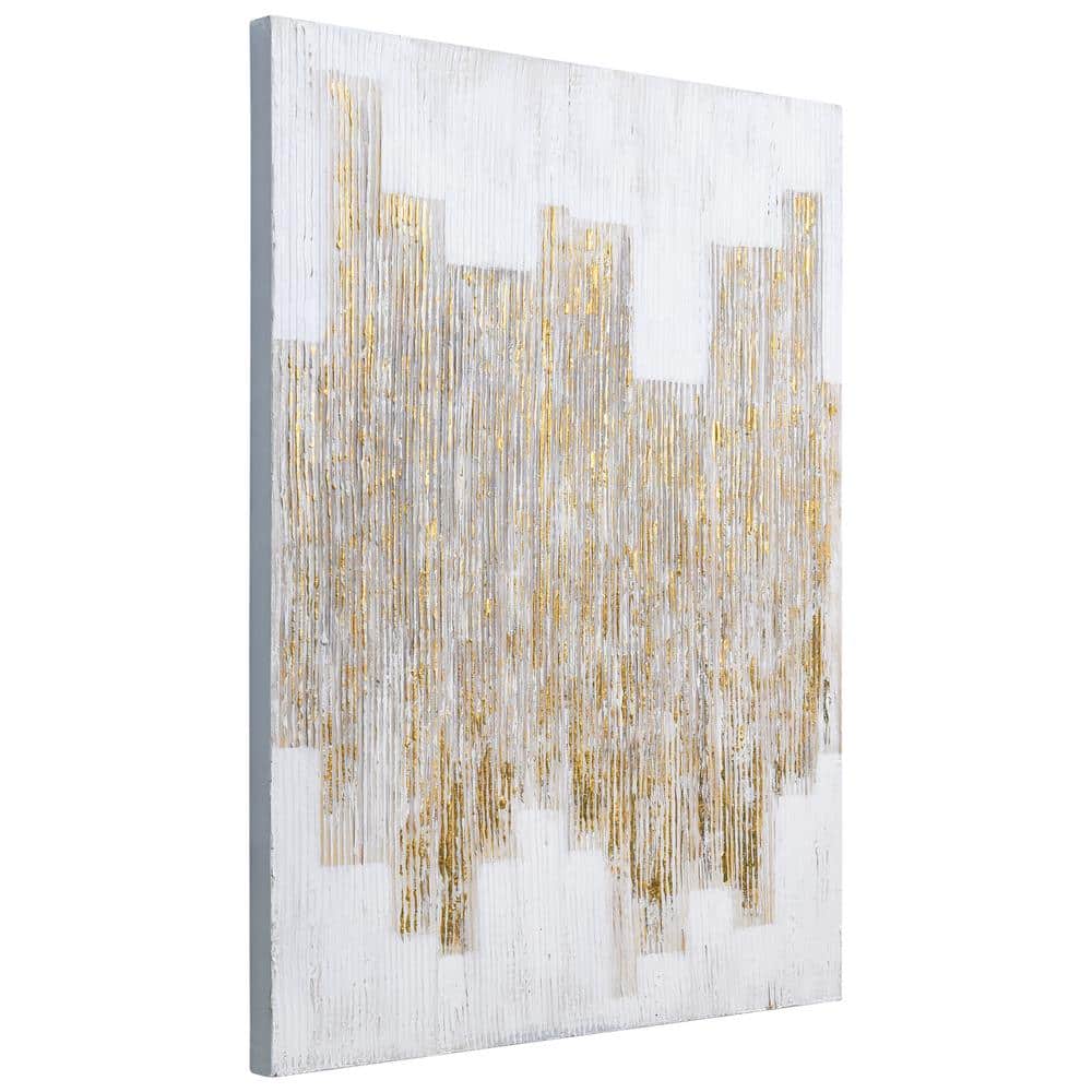 The City White and Gold Abstract Hand Painted Canvas Wall Art, 40" x 30"